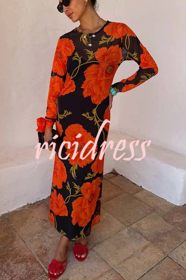 Perfect Cross-season Mesh Poppy Flower Print Long Sleeve Stretch Maxi Dress