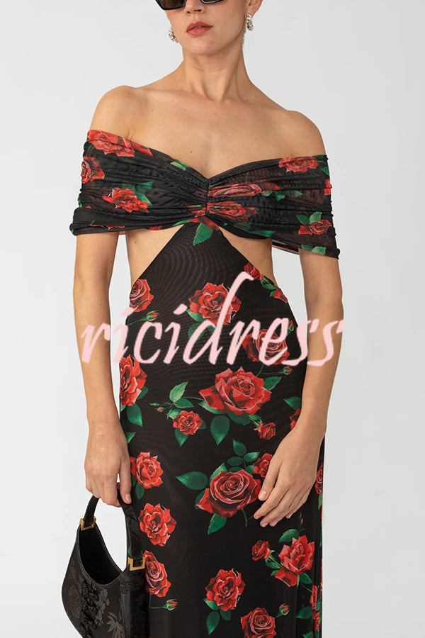 Rose Print Sexy Strapless Backless Slim Maxi Dress