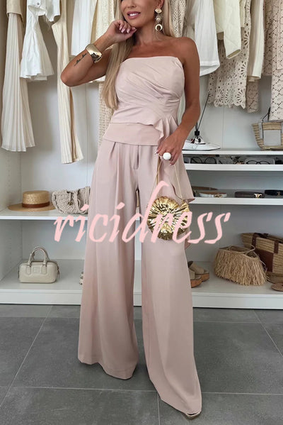 Elegant Solid Color Asymmetric Ruffles Bandeau Top and High Waist Wide Leg Pants Set
