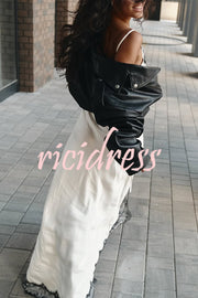 Breezy City Fall SatinLace Petal Trim Slip Tie-up H-line Slit Maxi Dress
