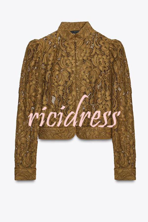 Palace Style Crochet Flower Lace Stand Neck Button Puff Sleeve Jacket