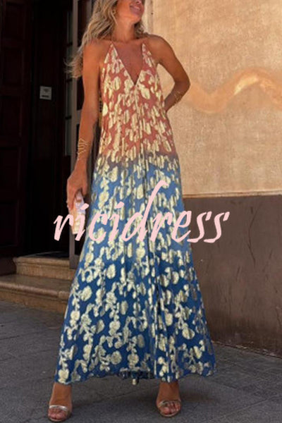 Bianca Tie-dye Ombre Gold Floral Print A-line Halterneck Maxi Dress
