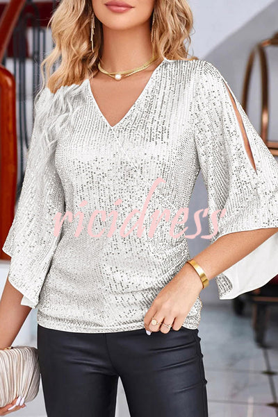 Solid Color Sequined V-neck Hollow Sleeve Slim Fit Top