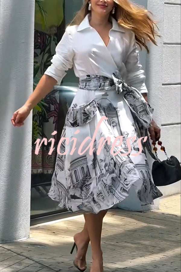 Jiles Linen Blend Unique Contrast Print Long Sleeve Tie-up Pocket Shirt Midi Dress