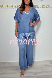 Fashionable V-neck Short-sleeved Loose Top and Elastic Waist Casual Wide-leg Pants Set