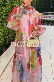 Garden Blooms Organza Floral Print Tie-up Neck Balloon Sleeve Loose Maxi Dress