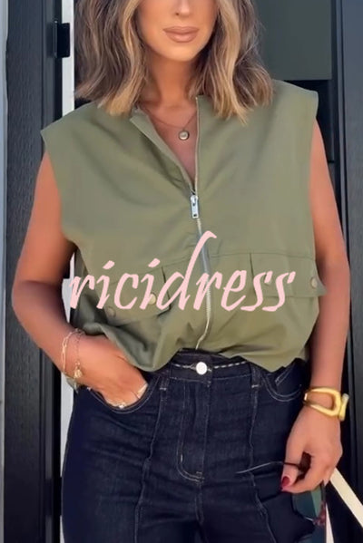 Fashion Zipper Sleeveless Pocket Loose Vest Jacket