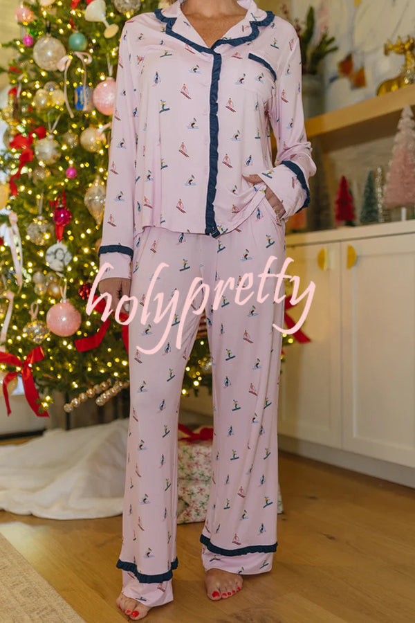 Postcards To Santa Unique Print Ruffles Trim Pocket Shirt and Elastic Waist Pajama Set