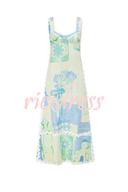 Darla Linen Blend Ric Rac Trims Unique Print Back Tie-up Maxi Dress