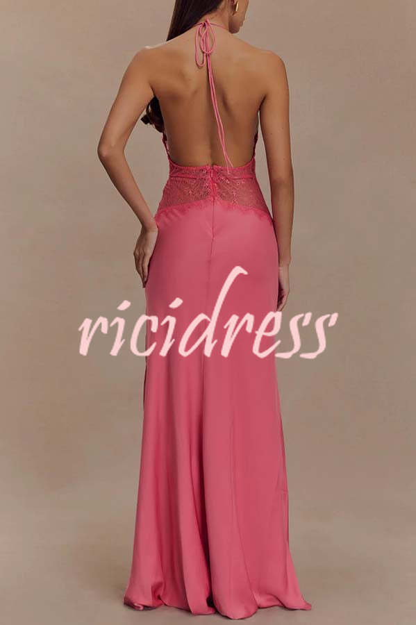 Seductive Details Satin Lace Waist Halter Tie-up Backless Maxi Dress