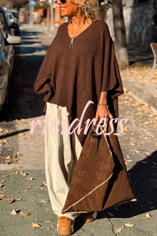 Fashion V-neck Loose Pocket Mid-length Knitted Sweater