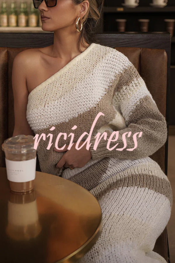 Soft Autumn Knit Colorblock One Shoulder Sleeve Ribbed Trim Loose Sweater