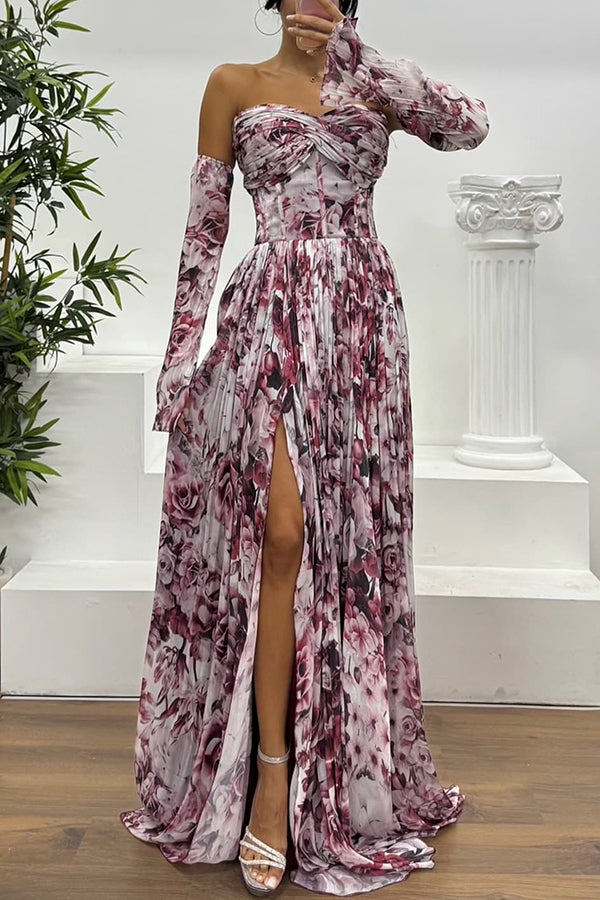Reina Chiffon Floral Print Pleated Bodice Split Sleeve Strapless Slit Maxi Dress