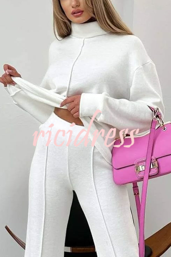 Solid Color Casual Knitted High Neck Long Sleeve Top and Elastic Waist Loose Pants Set