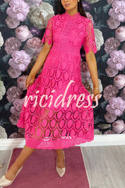 Elegant Crocheted Cutout Lace Short-sleeved Stand-collar Midi Dress