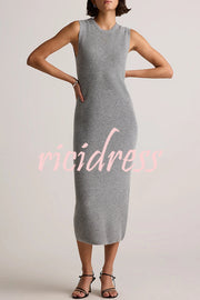 Soft and Warm Cashmere Ribbed Knit Sleeveless Midi Sweater Dress