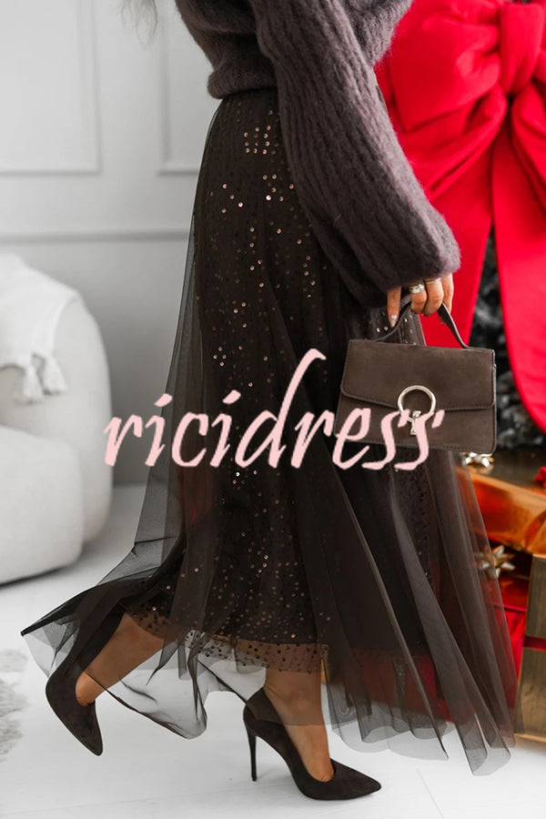 Party Daydream Sequin Tulle High Rise Elastic Waist Maxi Skirt