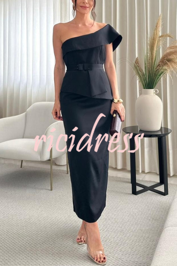 Sweet Party One Shoulder Lapel Neck Sleeveless Bow Belt Pencil Midi Dress