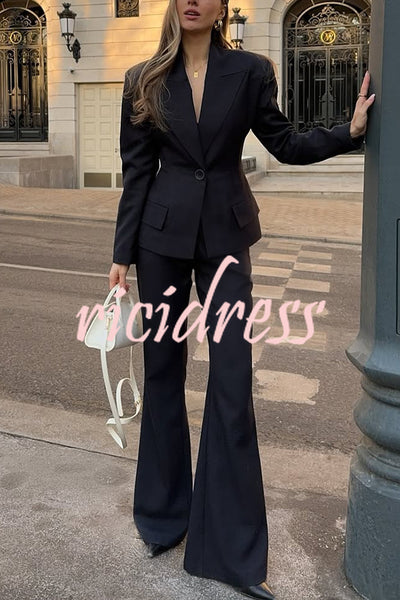 Solid Color Long-sleeved Single-button Blazer and Pocket Casual Flared Pants Set