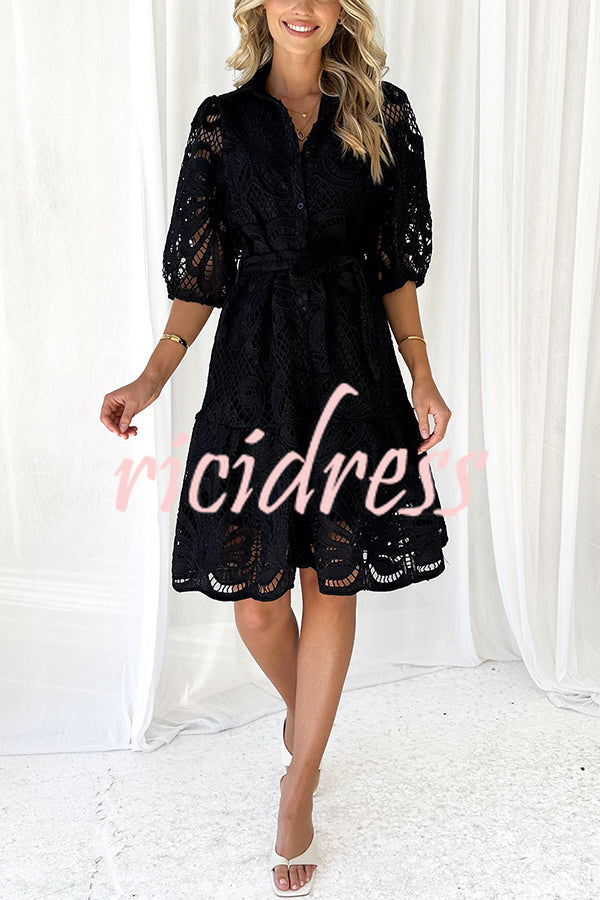 Solid Color Lace Cutout Balloon Sleeves and Waist Tie Mini Dress