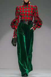 Retro Plaid Turtleneck Long Balloon Sleeve Top and Velvet Pocket Wide Leg Pants Set
