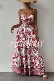 Floral Print Cutout Bandeau Top and Elastic Waist Full Maxi Skirt Set