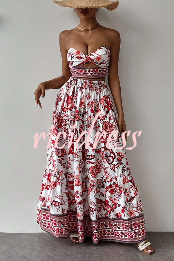 Floral Print Cutout Bandeau Top and Elastic Waist Full Maxi Skirt Set