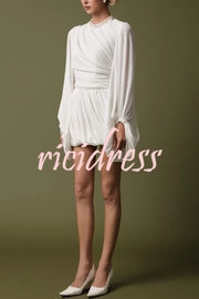 Solid Color Round Neck Lantern Long Sleeve Pleated Casual Mini Dress