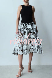 Nalie Knit and 3D Embroidery Floral Lace Hem Back Zipper Midi Dress