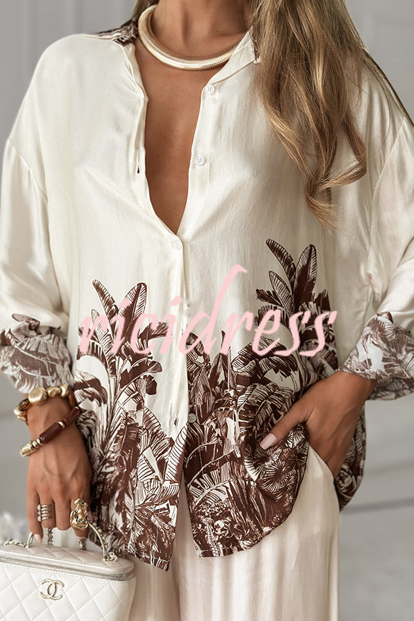 Botanical Print Loose Long-sleeved Shirt and Elastic Waist Pocket Casual Wide-leg Pants