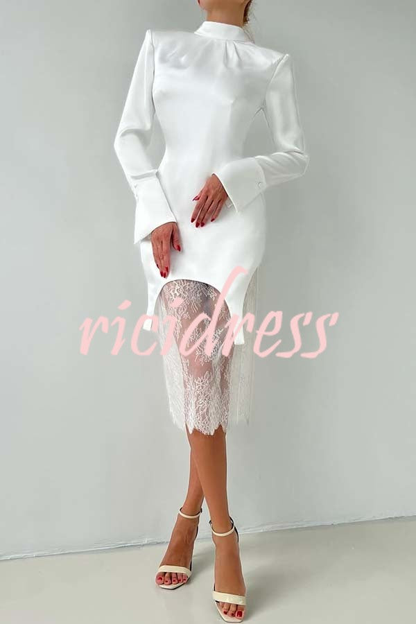 Melissa Satin High Neck Long Sleeve Curved Hem Top and Lace Midi Skirt Set