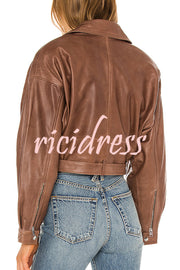 Fashion Lapel Long Sleeve Casual Zipper Pocket Leather Jacket