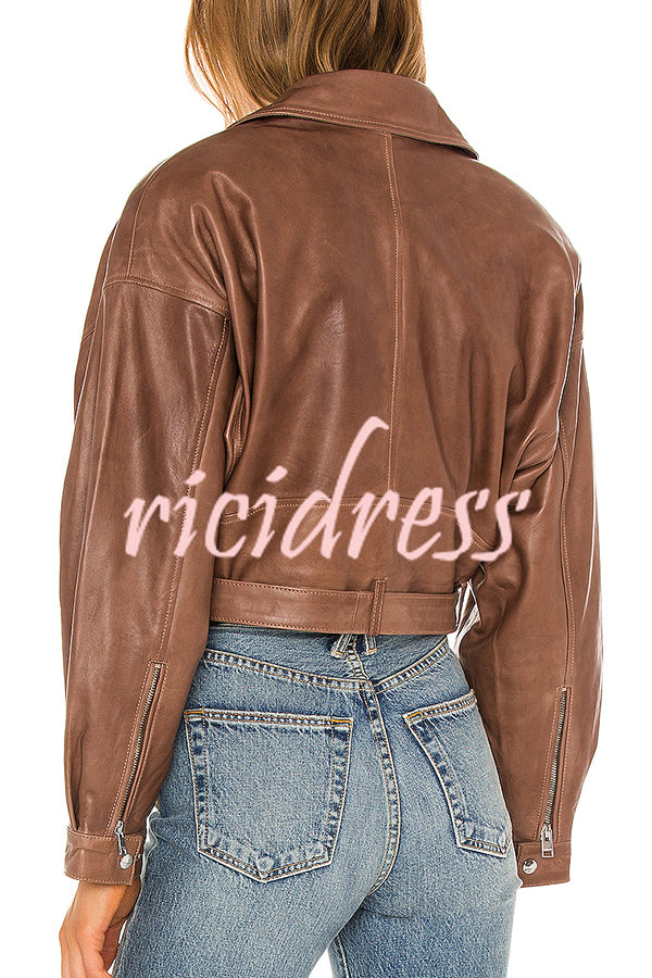 Fashion Lapel Long Sleeve Casual Zipper Pocket Leather Jacket