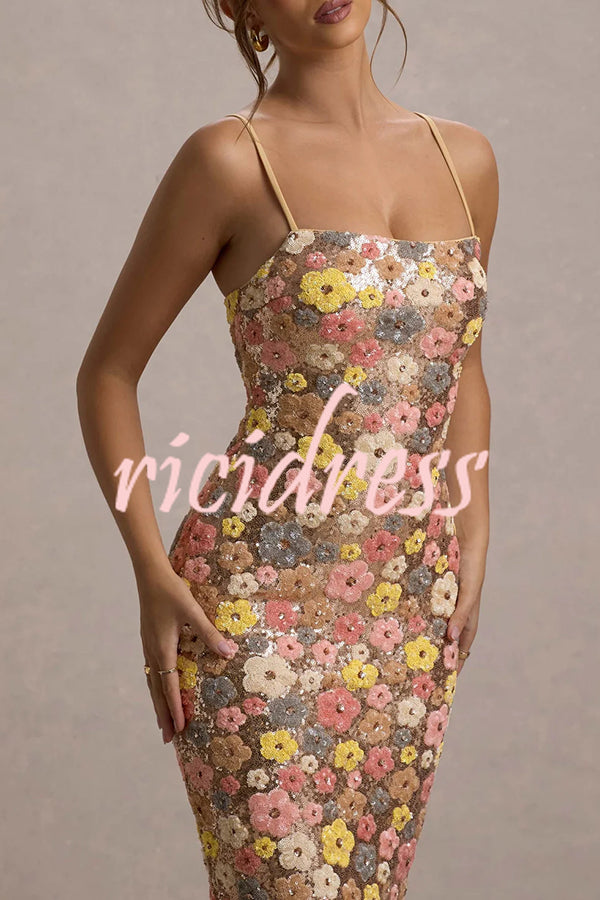 80's Inspired Floral Print Sequin Square Neck Slip Stretch Maxi Dress