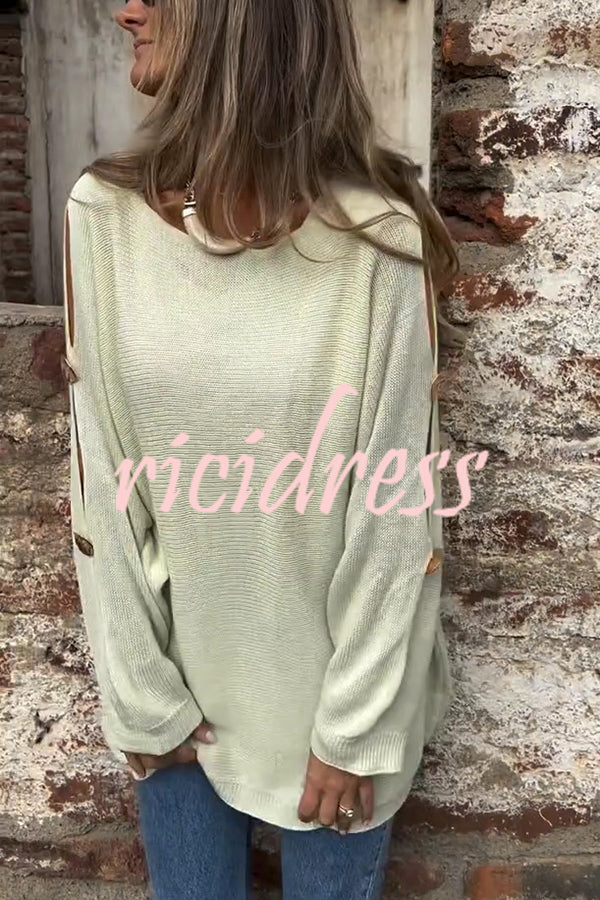 Solid Color Round Neck Hollow Long Sleeve Loose Knitted Sweater