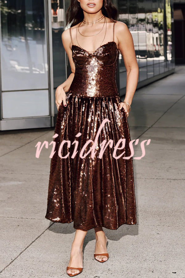 Enchanted Night Sequin Low-cut Corset Balloon Hem Slip Midi Dress
