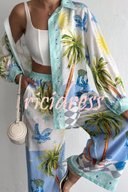 Holiday Style Print Loose Long Sleeve Shirt and Elastic Waist Loose Pocket Wide Leg Pants Set