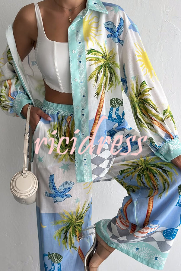 Holiday Style Print Loose Long Sleeve Shirt and Elastic Waist Loose Pocket Wide Leg Pants Set