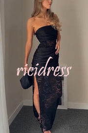 Dulcie Lace and Satin Patchwork Asymmetrical Pleats Bandeau Maxi Dress