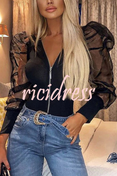 Solid Color Zip Front Sheer Puff Sleeves Bodysuit