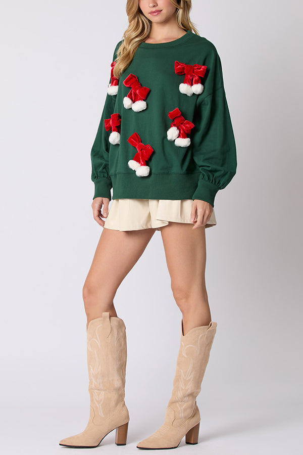 Christmas Bow Embellished Casual Long-sleeved Sweatshirt