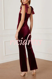 Merlot Sippin' Velvet Shoulder Tie Flare Stretch Jumpsuit