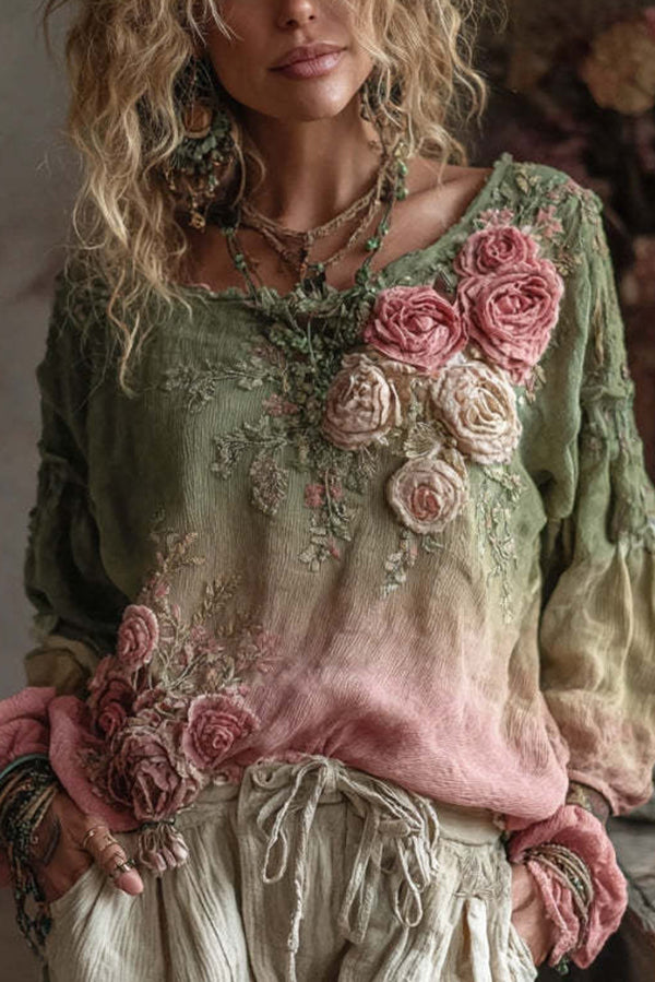 Bohemian Floral Print Round Neck Long-sleeved Loose Top