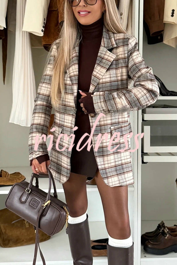 Classic Modern Plaid One Button Long Sleeve Flap Pocket Lapel Blazer
