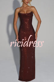 Mirabella Sequin Pleated Cowl Scooped Neckline Back Lace-up Strapless Maxi Dress