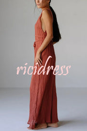 Resort Style V-neck Tie Pleated Casual Jumpsuit