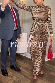 Winston Animal Print High-neck Long Sleeve Ruched Hip Stretch Maxi Dress