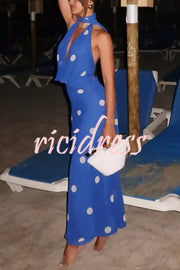 Fashion Polka Dot Print Sexy Halter Neck Backless Maxi Dress