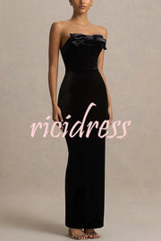 Illusion Velvet Bandeau neck Bow detail Stretch Maxi Dress