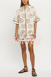Resort Style Print Lapel Short Sleeve Shirt and Casual Mini Skirt Set